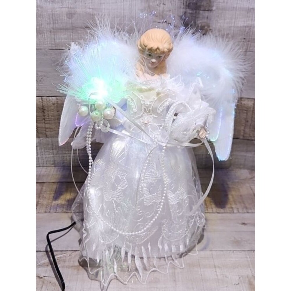 Kurt S Adler 12" LED Fiber Optic Angel Tree Top Table Piece White Silver Gown
